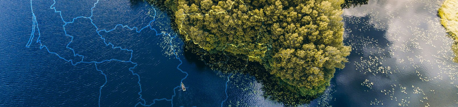 Abstraktus Lietuvos žemėlapio kontūras švytintis virš tamsiai mėlyno ežero ir žalio miško kraštovaizdžio