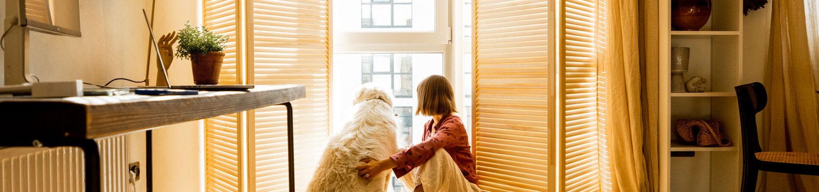 Mobiliojo ryšio pokalbių planai 1 Moteris ir baltas šuo sėdi ant grindų ir žiūri pro langą jaukiame, saulėtame namų biure su stalu ir kompiuteriu