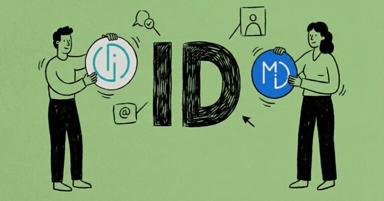 Elektroninis parašas - du žmonės laiko Smart-ID ir Mobile-ID ikonas iliustracija