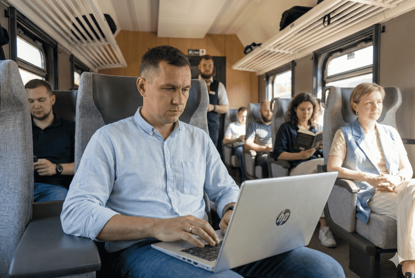 Vyras traukinyje dirba su nešiojamuoju kompiuteriu naudodamasis mobiliuoju internetu Lietuvoje