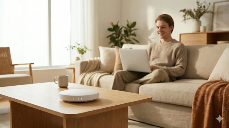 Jaunas vyras sėdi jaukioje svetainėje su nešiojamuoju kompiuteriu ir naudojasi greitu namų internetu.