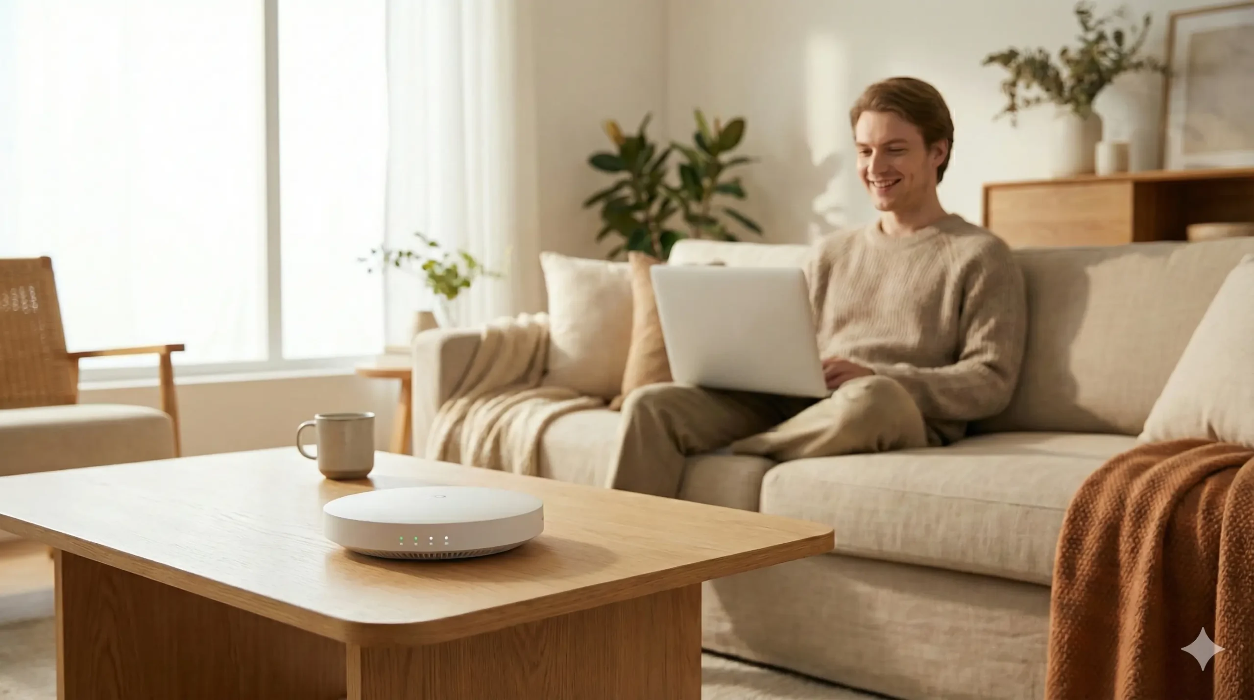 Jaunas vyras sėdi jaukioje svetainėje su nešiojamuoju kompiuteriu ir naudojasi greitu namų internetu.