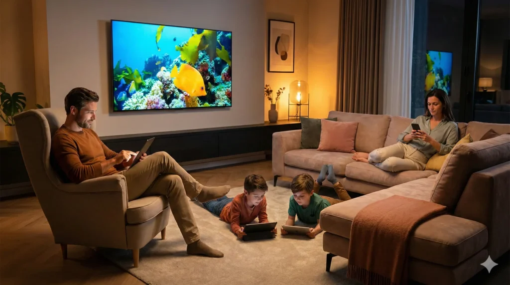 Šeima svetainėje vienu metu naudojasi keliais išmaniaisiais įrenginiais prisijungę prie mobilaus namų interneto tinklo.