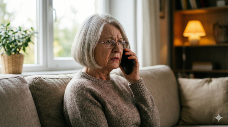 Telefoninis sukčiavimas senjorams Lietuvoje – senyvo amžiaus žmogus su telefonu rankoje, kuriam skambina sukčiai.